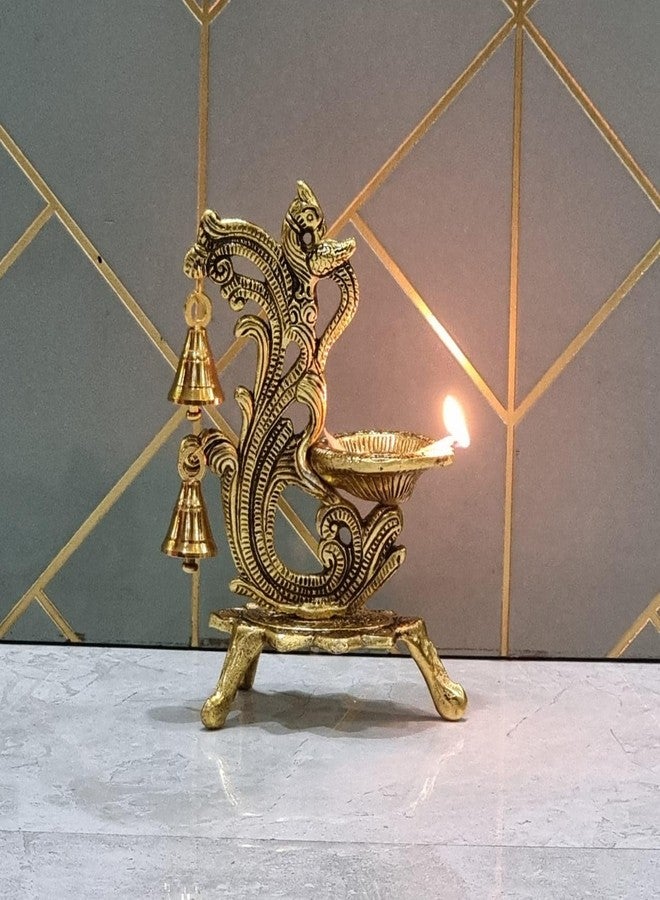IMAGICART Metal Oxidised Peacock Diya for Puja Room/Home Temple Decor | Brass Antique Oil Lamp with Bell | Best Diwali, Wedding, Anniversary Return Gift | Gold (Set of 1) - Image 2